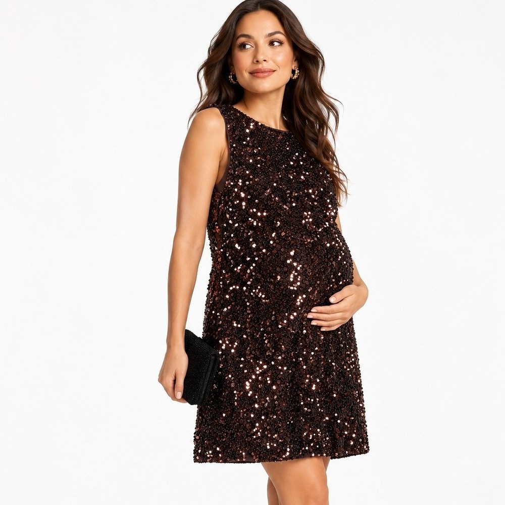 H&M MAMA Brown Sequin Maternity Dress Back Bow Sleeveless Shift Medium NWT
